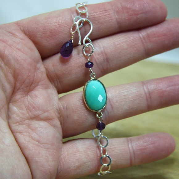 Natural Teal Chalcedony Amethyst Bracelet with Leaf Charm Solid Sterling Silver - Picture 6 of 7